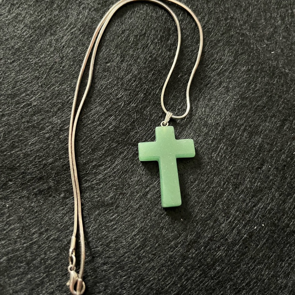 Vintage Green Aventurine Stone Cross Pendant / Silver Plated Chain